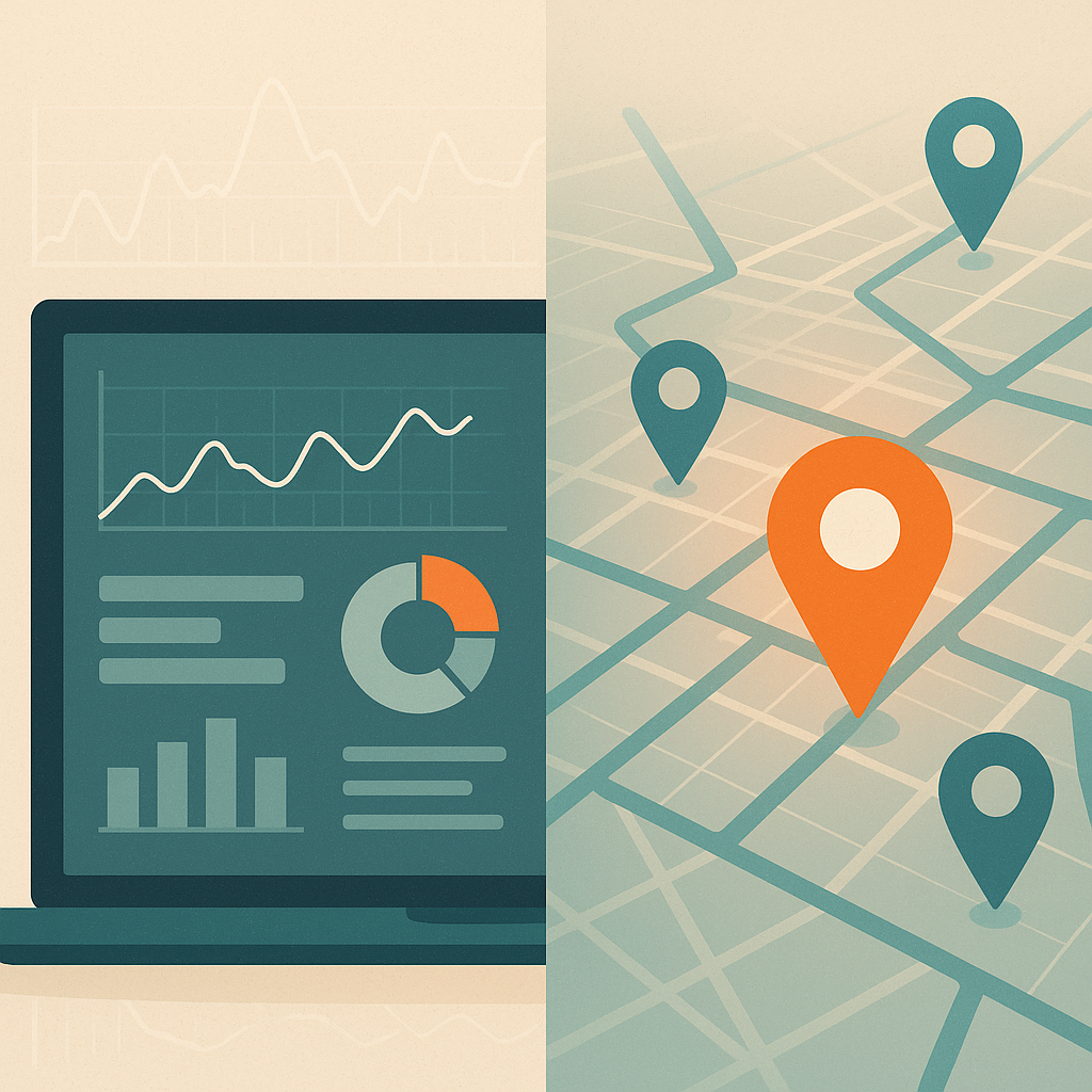 A data dashboard blending into a glowing street map with pins.